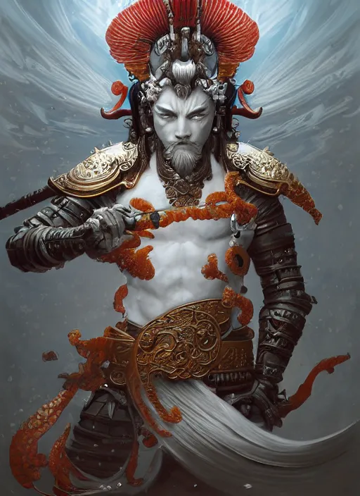 Image similar to subsurface scattering, white, koi, samurai deity with filigree koi armor, octane render, by jesper ejsing, james jean, justin gerard, tomasz alen kopera, cgsociety and fenghua zhong, highly detailed, rim light, cinematic lighting, art, very coherent, cinematic, hyper realism, high detail, 8 k