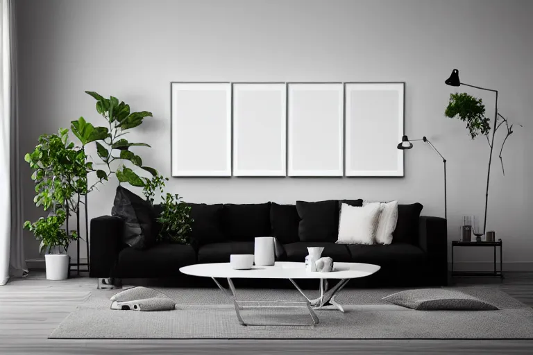 Prompt: highly detailed wide angle photograph, ikea style, light bloom, atmospheric, cinematic, minimalist contemporary modern design living room, cozy, calm, plants, big canvas art, hardwood floor, white walls, fabric and textiles