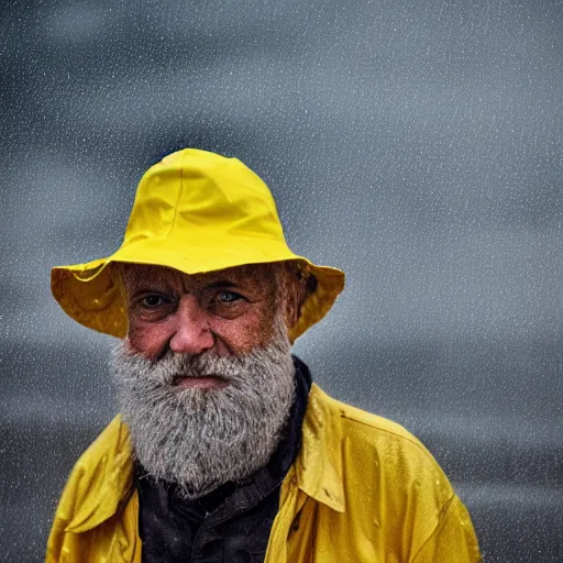 Prompt: an old man with a beard in an old fashioned yellow rain coat and rain hat. he's telling everyone there's a storm coming as a storm is coming in the background. it's already raining. 4 k. portrait. 3 5 mm. nikon.