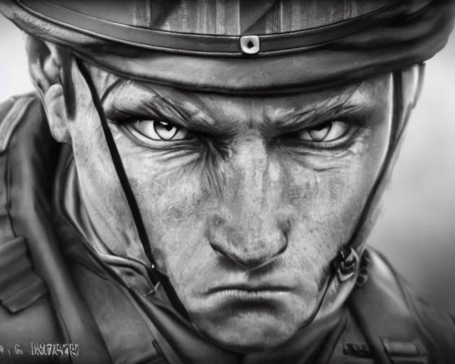 Image similar to A soldier with a hateful face aiming at a cat, long shot, world war 1, close-up, realistic face, beautiful face detail, mature facial features, black and white, amazing digital art, hyper detailed, artstation, in the style of Tony Sart