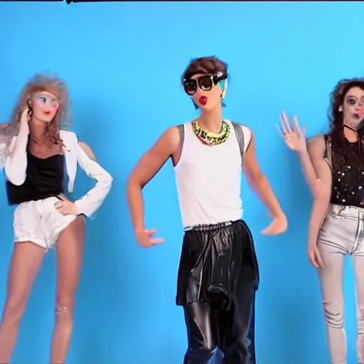 Image similar to 8 0 s music video, blue background with mannequins dancing, singer in the forefront with black pants and dirty white tank top,