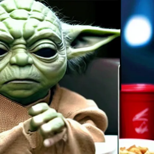 Image similar to A still of Yoda eating at KFC, 4k, photograph, ultra realistic, highly detailed, professional lighting