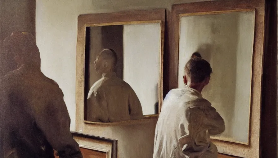 Image similar to painting by borremans, man in front of the mirror, detailed, stunning, hyperrealism, dynamic lighting