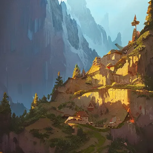 Prompt: a beautiful mountain with a nice house by Marc Simonetti and James Gilleard, Greg Rutkowski