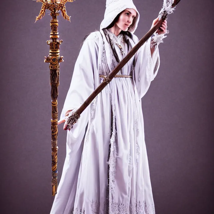 Image similar to photograph of a real-life beautiful air witch with ornate white robes and staff. Extremely detailed. 8k