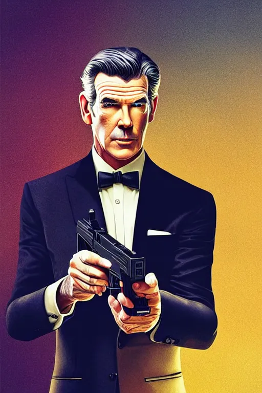 Image similar to Pierce Brosnan as James Bond holding highly detailed Glock pistol, art deco, cinematic intricate art deco leaf designs, elegant, , sharp focus, art by Artgerm and beeple and WLOP