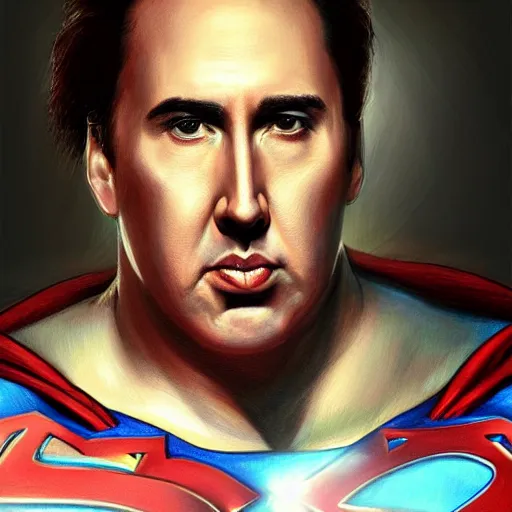 Image similar to nick cage as superman, portrait, highly detailed, full body, digital painting, trending on artstation, concept art, sharp focus, illustration, art by artgerm and greg rutkowski and magali villeneuve