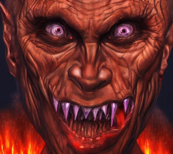 Prompt: vladimir putin as a scary monster in hell, highly detailed, realistic face, amazing digital art, trending on artstation