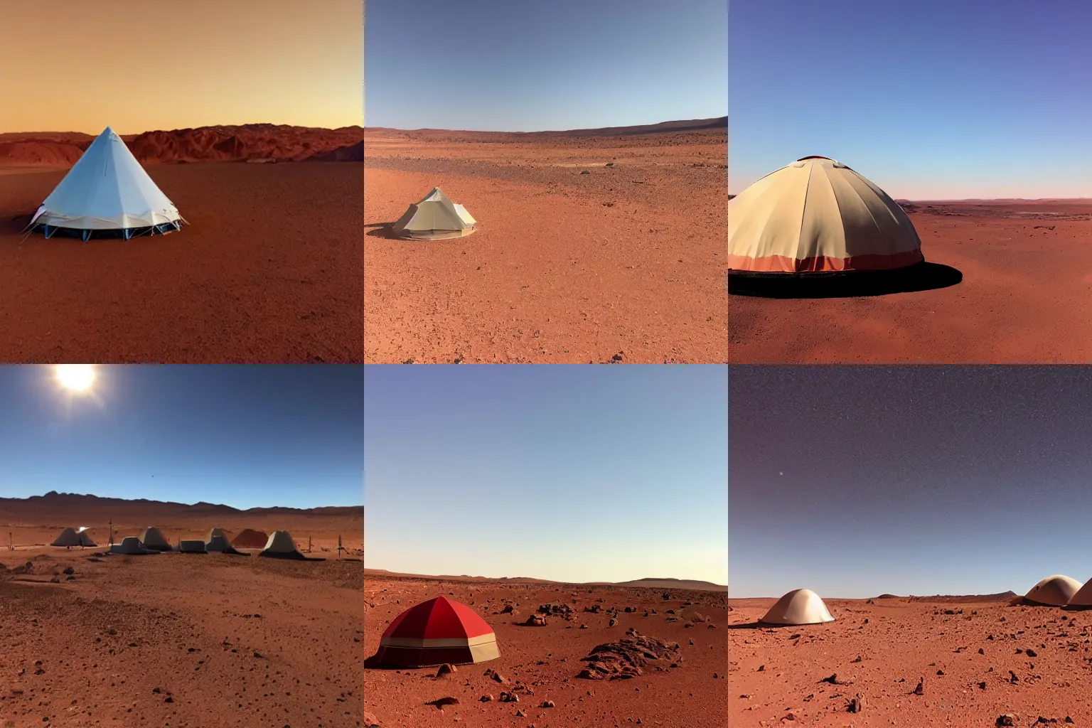 Prompt: Glamping on Mars, starts night, blue sky, red desert