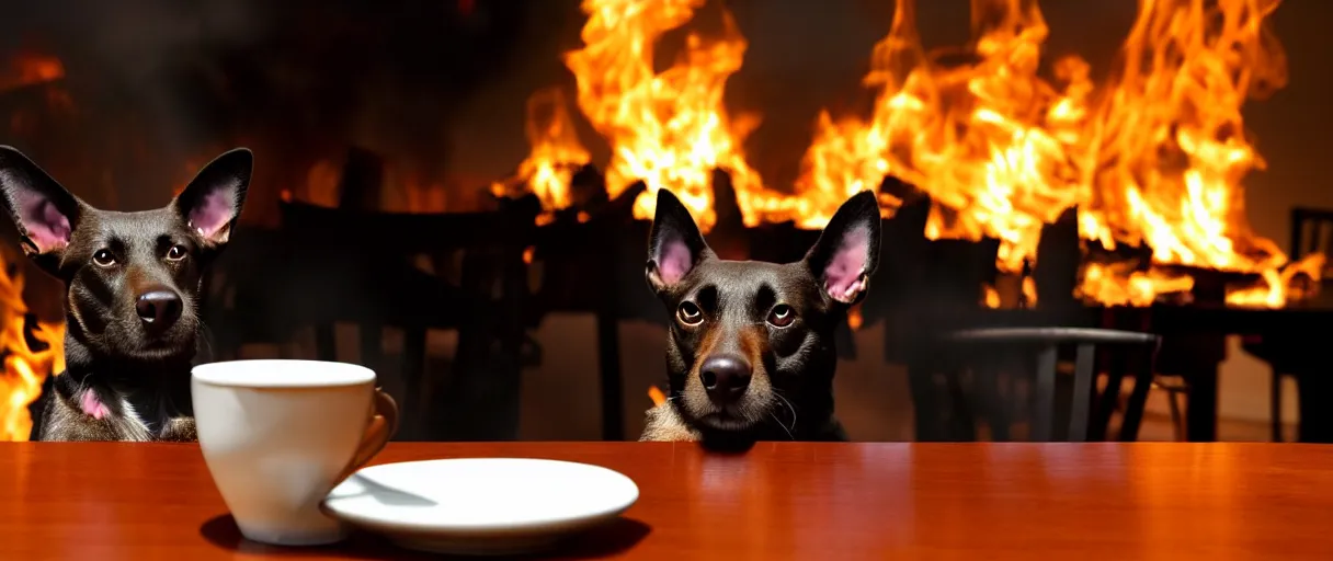 Image similar to a photograph (flash on) of a relaxed anthropomorphic dog sitting on a chair at a dinner table (no fire at all there), surrounded by flames, cup of coffee on the table, huge fire on this dining room in the background, a lot of flames behind the dog, black smoke instead of the ceiling, no watermark