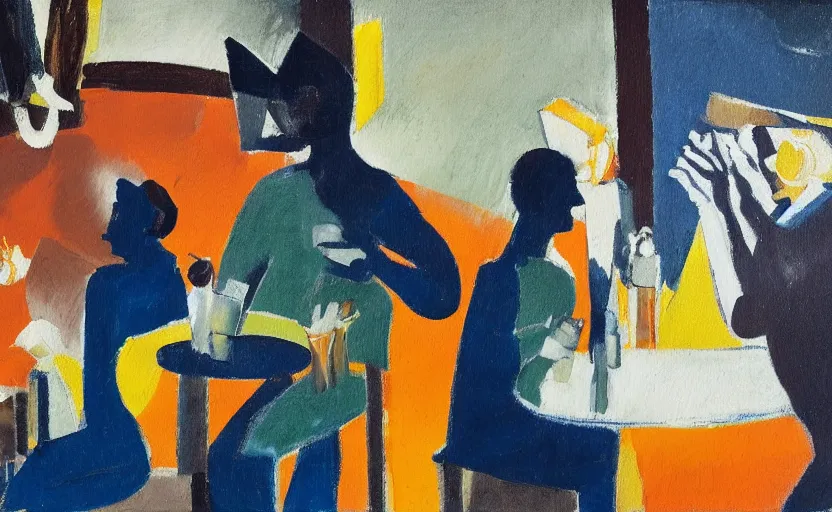 Prompt: oil painting in the style of john craxton sailors holding cigarettes in the shadows of a pub. in the style of ivon hitchins. scratch. strong lighting. playing cards. brush. single flower. cheekbones. smokey bar. seated figure hands on table. eye. strong expressions on faces. line drawing.