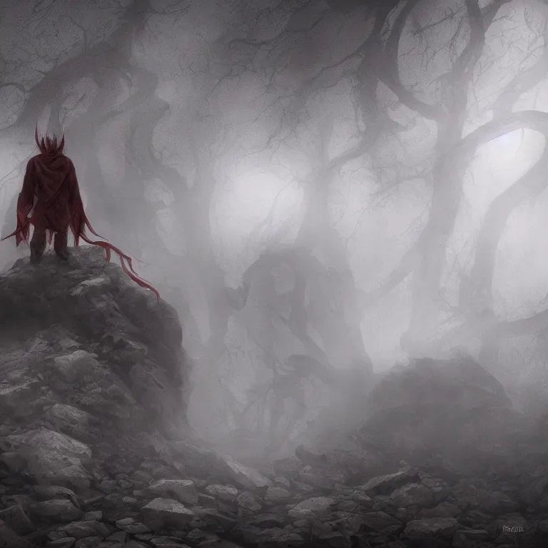 Image similar to a gigantic demon on a cobblestone hard mountain, night, scary, eerie, foggy lighting, rim light, digital art.