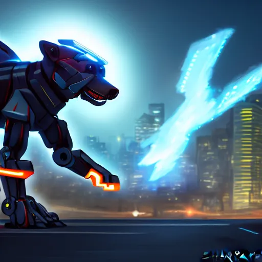 Image similar to highly detailed cinematic shot of a mecha canine, sharp claws, glowing visor, charging through city, digital art, furry art, furaffinity, deviantart, dragon art