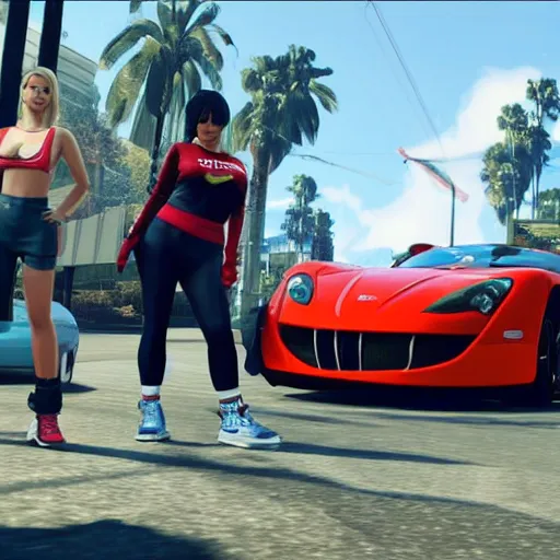 Prompt: A GTA 5 game loading screen featuring A Pterodactyl, robot9000, a redhead Playboy bunny, CHAPPIE in an Adidas track suit, and a TVR Sagaris, everyone is wearing a t-shirt that says r9K-n 6