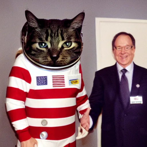 Image similar to cat astronaut shakes the hands with president