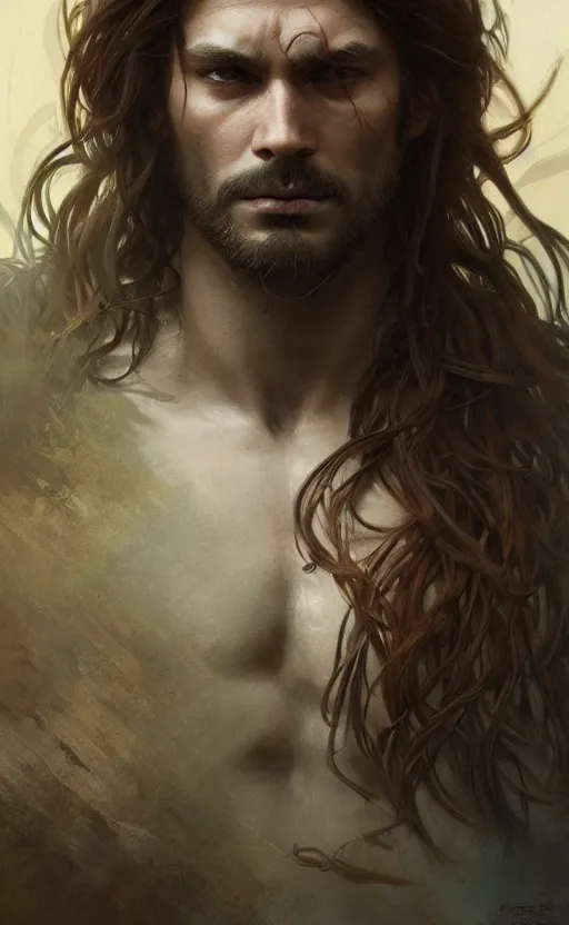 Prompt: God of the forest, male, rugged, shoulder-length hair, gorgeous, detailed face, clear face, amazing, muscular, intricate, highly detailed, digital painting, artstation, concept art, sharp focus, illustration, art by greg rutkowski and alphonse mucha