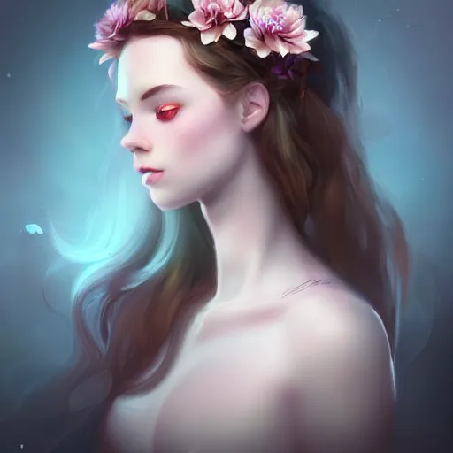 Prompt: character concept portrait of a beautiful woman with pale face, flowers in her hair, intricate, elegant, digital painting, concept art, smooth, focus, rim light