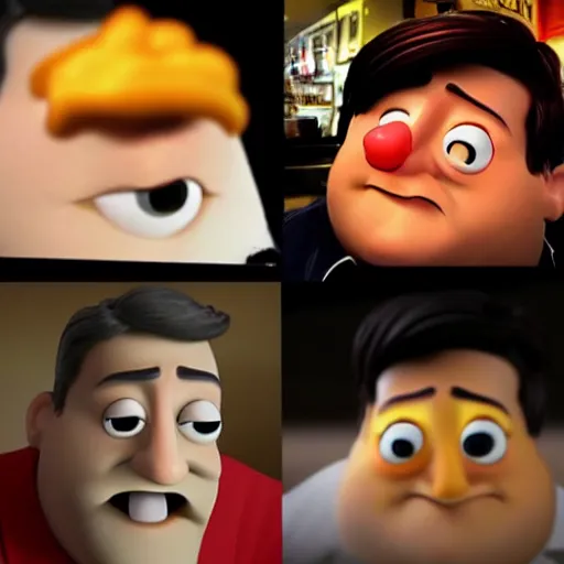 Image similar to photo of [ a single french fry chip ] shaped into stephen fry as a pixar character hybrid intercross mix cinematic lighting