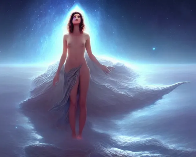 Prompt: a lone beautiful ethereal spirit standing still along the shimmering crystalline shores of eternity, universe and planets and stars in the sky, unusual surreal, gorgeous artwork by artgerm, rutkowski, wlop, detailed, dramatic lighting