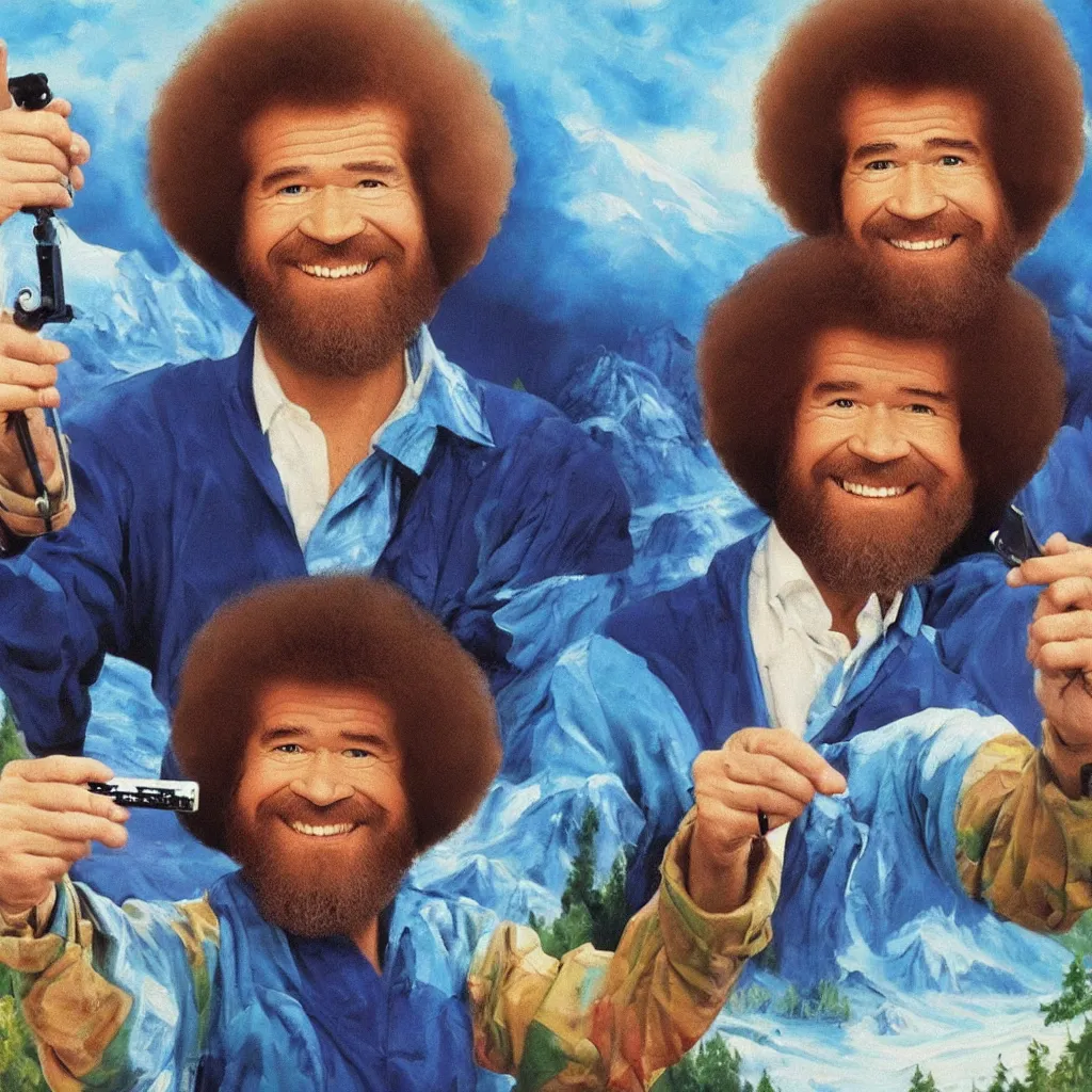 Image similar to bob ross painting of last selfie on earth