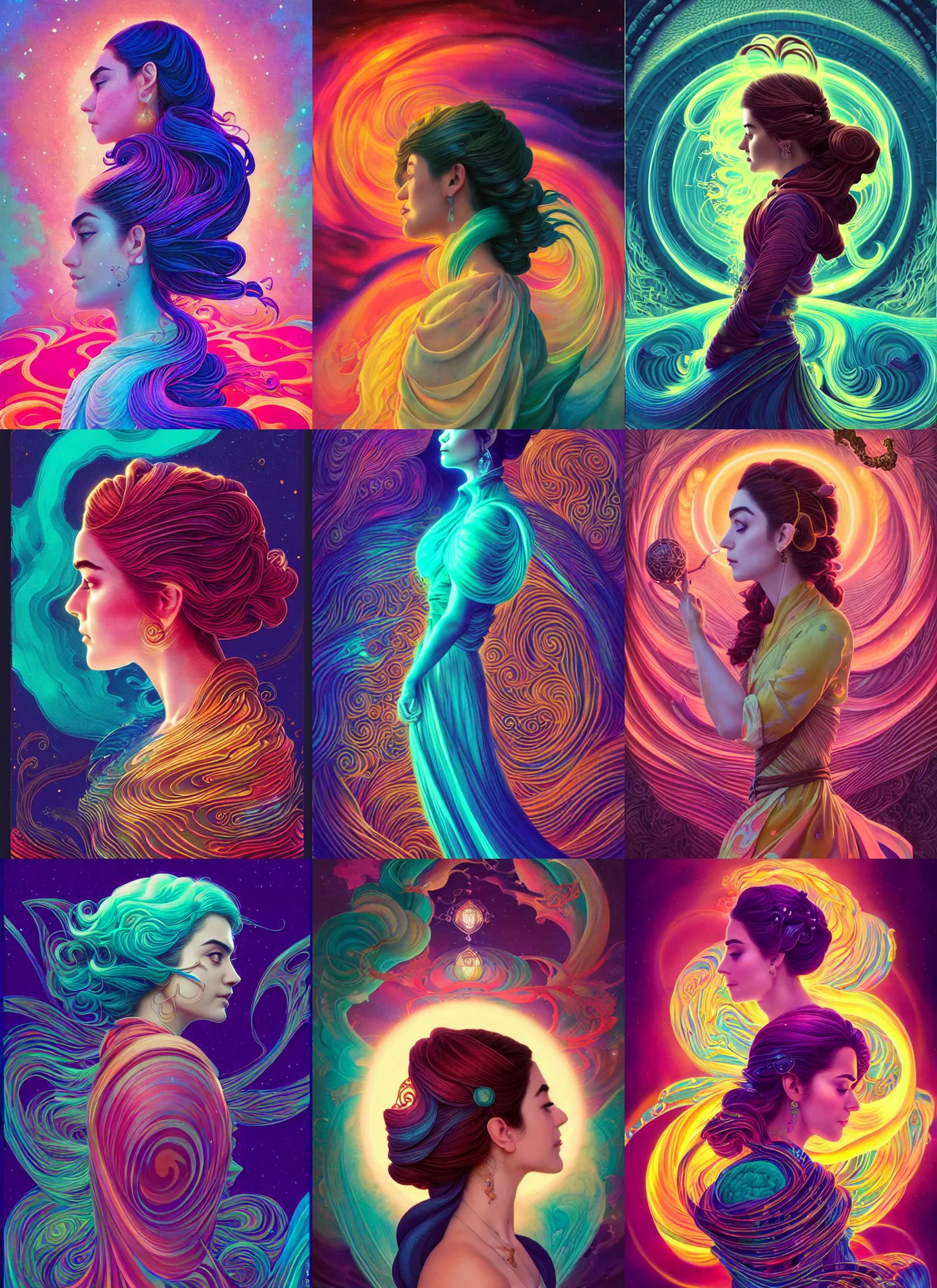 Prompt: side portrait, maya ali, wind sorcerer, gloomhaven, soft, smooth, luminescent, art nouveau tarot, backlit glow, colorful swirly ripples, by hitomi kisugi, martine johanna, simon stalenhag, chie yoshii, casey weldon, wlop, ilya kuvshinov, cushart krenz