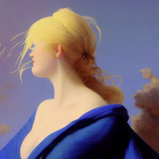 Image similar to a young woman's face, her hair is white and she wears an cobalt blue satin cloak, by ivan aivazovsky and syd mead and moebius and gaston bussiere and roger dean and pieter claesz and paul delaroche and alma tadema and aelbert cuyp and willam claesz, hyperrealistic, volumetric light, octane render