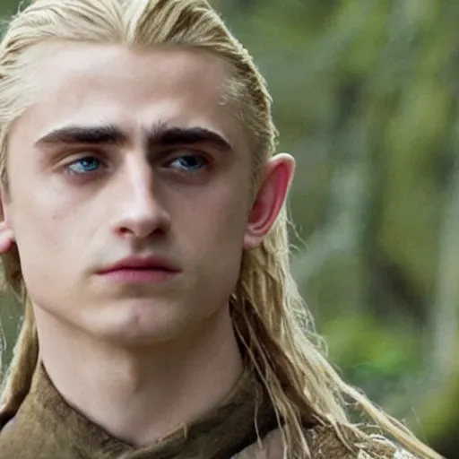 Image similar to timothee chalamet as legolas, with long blonde hair, a still from the film lord of the rings