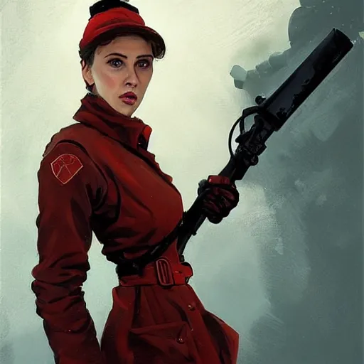 Image similar to portrait of a bolshevik nadezhda konstantinovna krupskaya as scarlett johansson in team fortress 2 style, epic, tragic, military art, fantasy, hd shot, digital portrait, beautiful, artstation, comic style, by artgerm, guy denning, jakub rozalski, magali villeneuve and charlie bowater