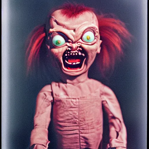 Prompt: screaming chucky doll alien on medium format expired film