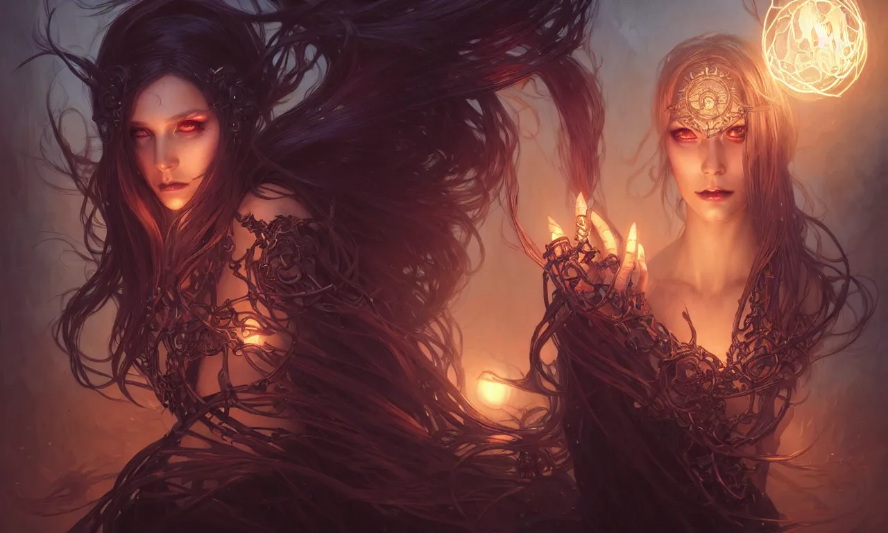 Image similar to Necromancer Sorceress in center, fantasy magic, undercut hairstyle, dark light night, intricate, elegant, sharp focus, illustration, highly detailed, digital painting, concept art, matte, art by WLOP and Artgerm and Greg Rutkowski and Alphonse Mucha, masterpiece