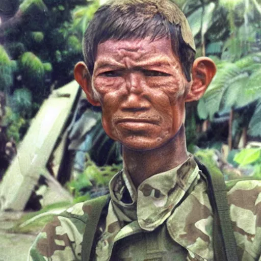 Prompt: hyper realistic alien soldier in the vietnam war