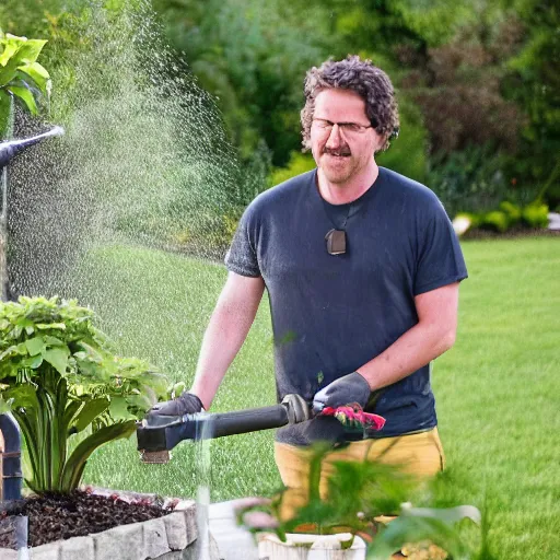 Prompt: a realistic photograph of Crazetopher David Blazing III watering his plants at the Golden hour for home and gardens magazine