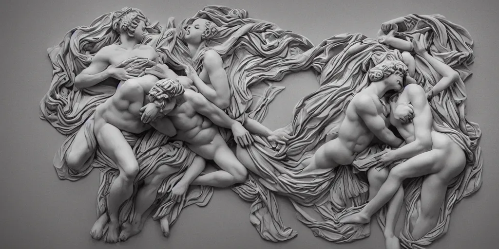 Image similar to greek sculpture of intertwined bodies by james jean, redshift, octane