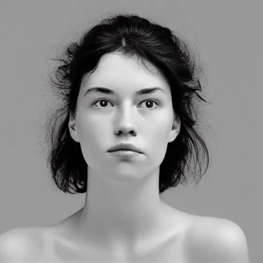 Image similar to portrait of fresh faced princess with perfect skin, bored, healthy, translucent, sub surface scattering, in style of robert mapplethorpe,