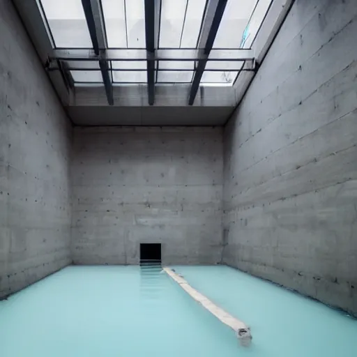 Image similar to dingy abandoned concrete room, triangular room, gray, museum, concrete staircase leading down, staircase flooded with water to create a moon pool, Photograph.