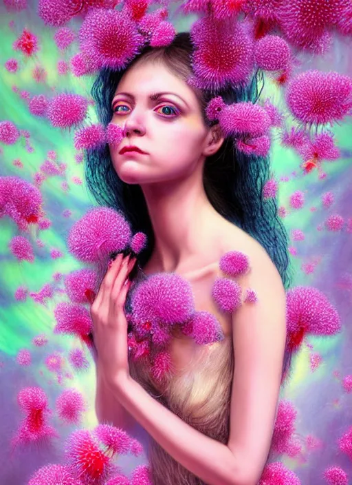 Image similar to hyper detailed 3d render like a chiariscuro Oil painting with depth - Aurora (Singer) looking adorable and seen in attractive dynamic pose joyfully Eating of the fine Strangling network of thin yellowcake aerochrome and milky Fruit and Her delicate Hands hold of gossamer polyp blossoms bring iridescent fungal flowers whose spores black the foolish stars to her smirking mouth by Jacek Yerka, Mariusz Lewandowski, Houdini algorithmic generative render, Abstract brush strokes, Masterpiece, Edward Hopper and James Gilleard, Zdzislaw Beksinski, Mark Ryden, Wolfgang Lettl, hints of Yayoi Kasuma, octane render, 8k