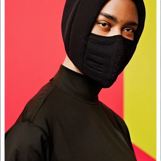 Image similar to realistic photoshooting for a new balenciaga lookbook, color film photography, portrait of a beautiful woman, model is wearing a balaclava mask, in style of tyler mitchell, 3 5 mm,