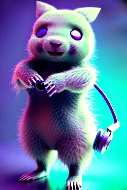 Prompt: high quality 3 d render neo - cyberpunk very cute half fluffy! wombat!! half cyborg with headphones, pastel mechanical! paw, highly detailed, unreal engine cinematic smooth, in the style of detective pikachu, hannah yata charlie immer, neon purple light, low angle, uhd 8 k, sharp focus