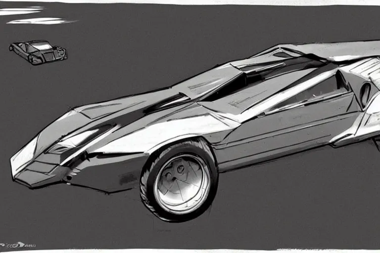 Prompt: Concept art of a 1980s wedge car. Dieselpunk.