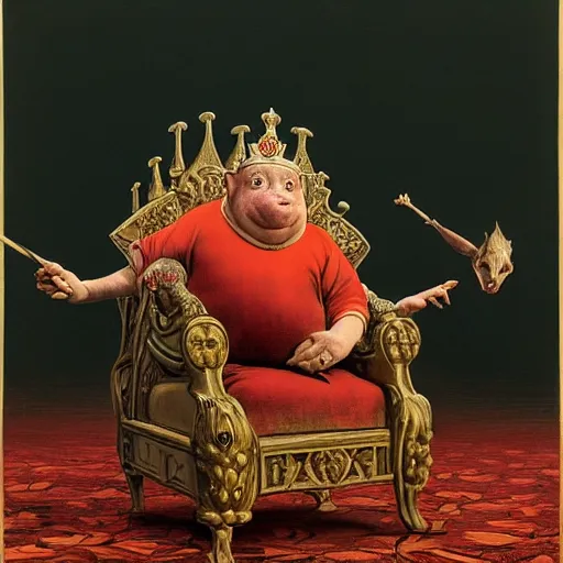 Image similar to a hyper realistic royal pig sits in his throne as a jester begs for his life moments before his demise, highly detailed, by zdzisław beksinski and norman rockwell and greg rutkowskiweta studio, and lucasfilm