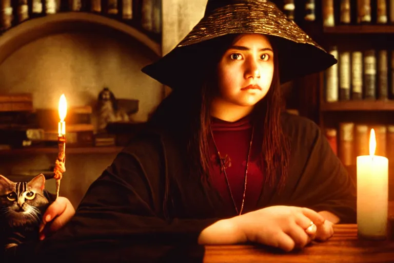 Image similar to 2 0 0 0's photo, close up portrait, dramatic lighting, concentration, calm confident hispanic teen witch and her cat, on candle and tarot cards displayed on the table in front of her, a witch hat and cape, apothecary shelves in the background, still from harry potter, alphonse mucha