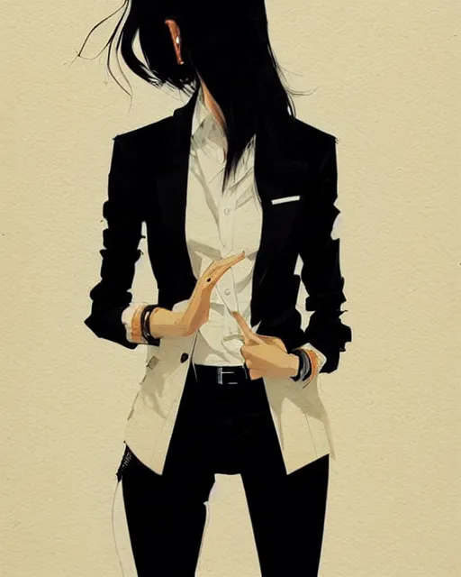 Image similar to a ultradetailed beautiful panting of a stylish woman wearing a black blazer, by conrad roset, greg rutkowski and makoto shinkai, trending on artstation