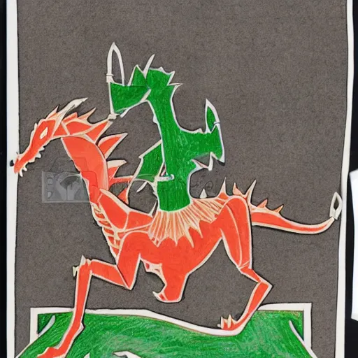 Prompt: Diplomacy of Knight and Dragon, paper cutout with colored-pencil drawing details