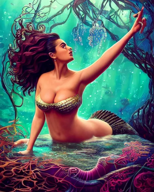 Prompt: Actress Salma Hayek as a mermaid with a piercing gaze wearing a shell bikini in an underwater magical forest, highly detailed face, realistic face, beautiful detailed eyes, fantasy art, in the style of artgerm, illustration, epic, fantasy, intricate, hyper detailed, artstation, concept art, smooth, sharp focus, ray tracing, vibrant, photorealistic