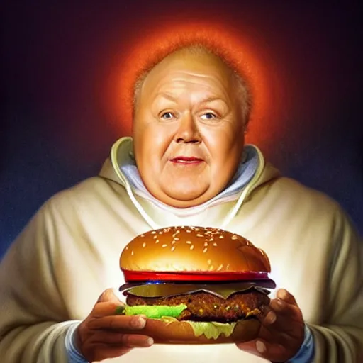 Image similar to portrait of Archie Bunker eating hamburgers, extra onions and ketchup, luscious patty with sesame seeds, feminine ethereal, holy sacred light rays, handsome, volumetric light, D&D, fantasy, intricate, elegant, highly detailed, digital painting, artstation, concept art, matte, sharp focus, illustration, art by Artgerm and Greg Rutkowski and Alphonse Mucha