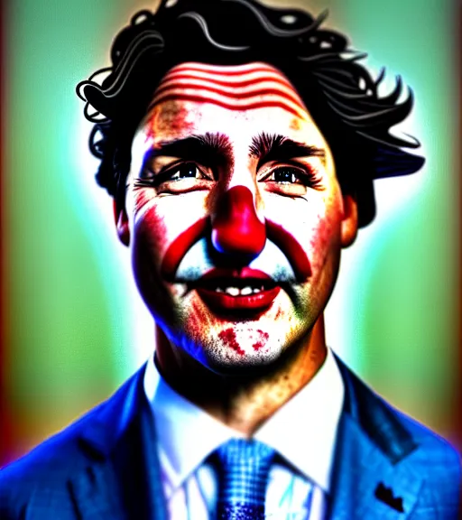 Image similar to justin trudeau as a clown, oil on canvas, deep depth field, masterpiece, cinematic composition, hyper - detailed, hd, hdr