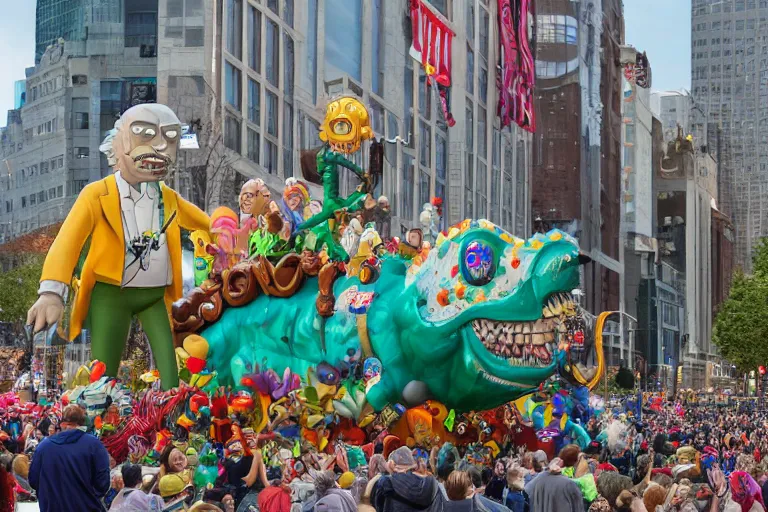 Prompt: photo of giant elaborate parade float designed by geoff darrow!!!! and ( ( ( ( ( ( rick and morty ) ) ) ) ) ), in the macys parade, detailed 4 k photo