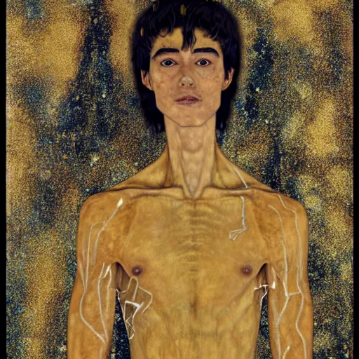 Prompt: a tall, slender 20 year old man with golden cracks and scars on his arms and chest, standing atop a mountatin, sci-fi, digital art, klimt, kintsugi, sharp-jaw, long brown hair, long-arms