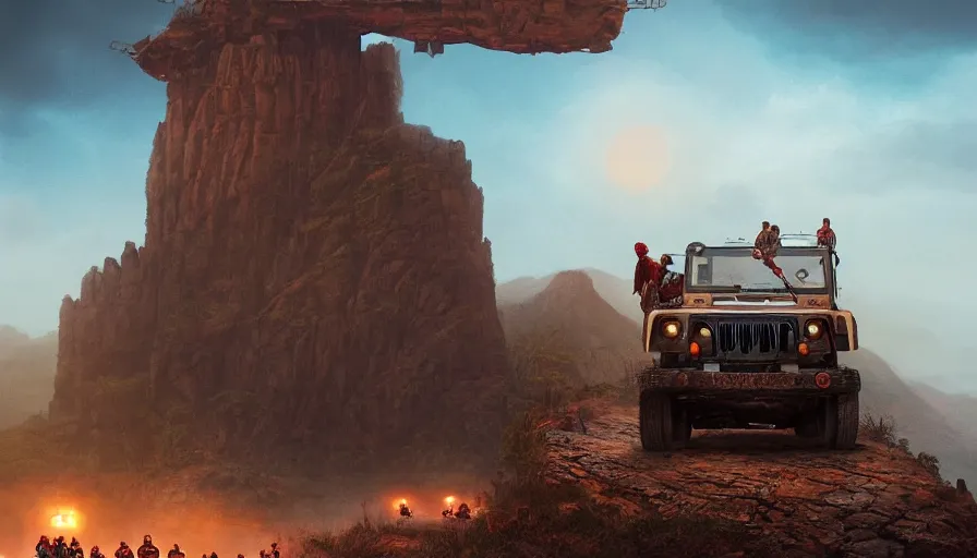 Prompt: Mahindra thar, tribe members watching nearby, an epic fantasy, dramatic lighting, cinematic, establishing shot, extremely high detail, photorealistic, shot on red camera, cinematic lighting, artstation, by simon stalenhag, shadow of the tomb rider