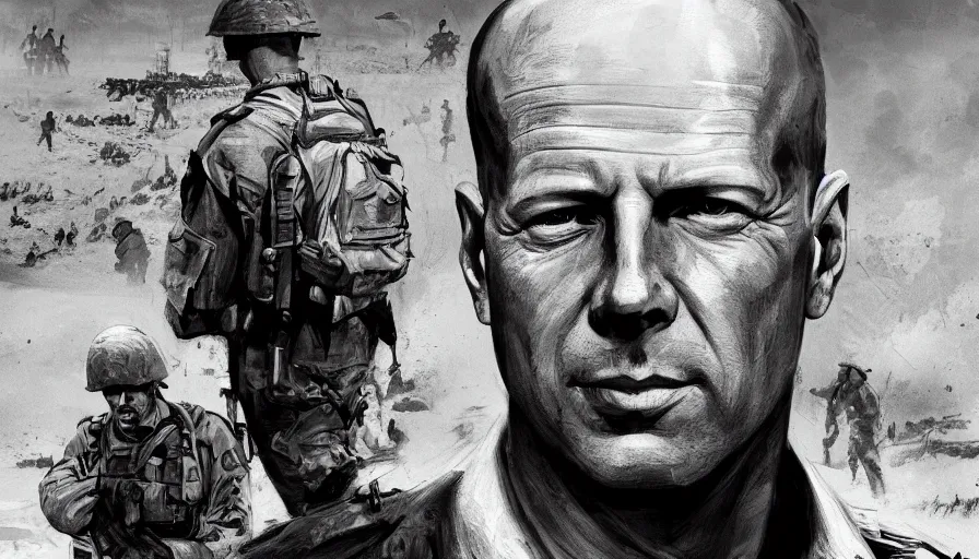 Prompt: black and white 4 0's photos of bruce willis during d - day in omaha beach, hyperdetailed, artstation, cgsociety, 8 k